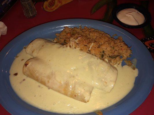 Lunch #3 bean burrito, cheese enchilada, and rice with no red sauce