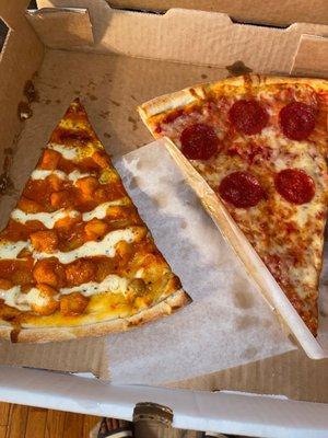 Beef pepperoni and Buffalo Chicken Pizza By The Slice