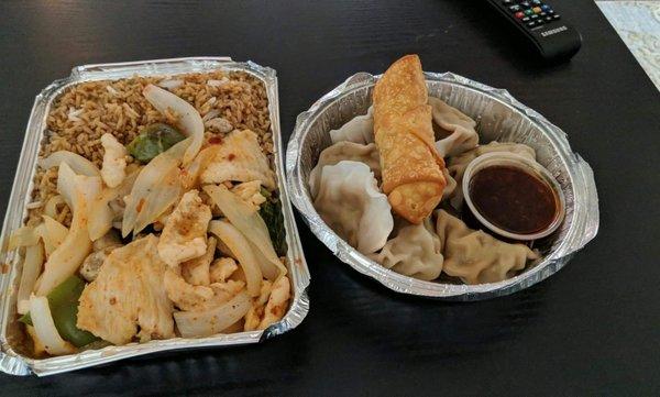 Thai Curry Coconut Chicken w fried rice, egg roll & steamed dumplings