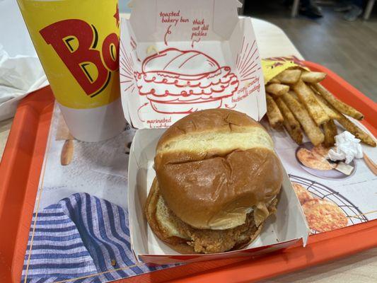 Chicken sandwich, fries, and drink