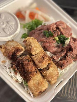 Vermicelli noodle with pork and egg rolls