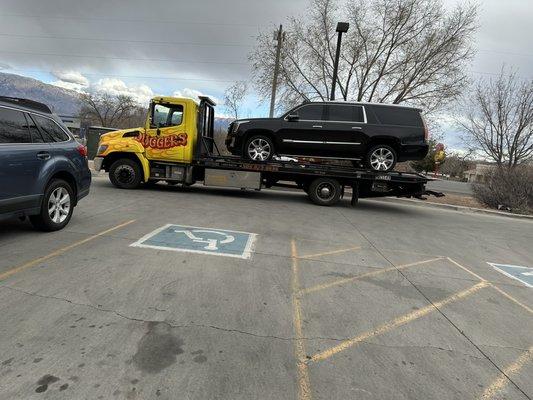 Escalade ESV being towed to Firestone, before heading off to Garcia Cadillac March 14, 2023.