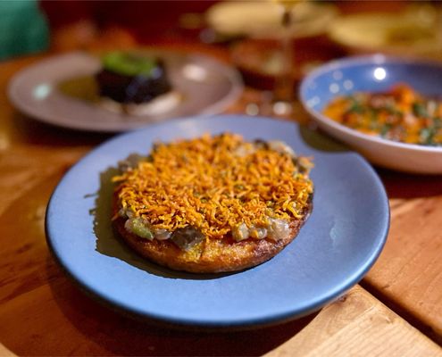 Potato & Red Lentil Kubba with Swiss Chard, Pistachios, Eggplant Jam, Fried Carrots, healthy and yummy