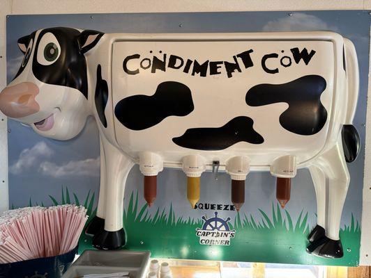 Their self-serve Condiment Cow for ketchup, mustard, and barbecue sauce! So cute!