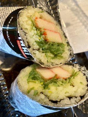 White rice, wasabi honey, crab stick, seaweed salad, cucumber, tempura crunch sushi burrito