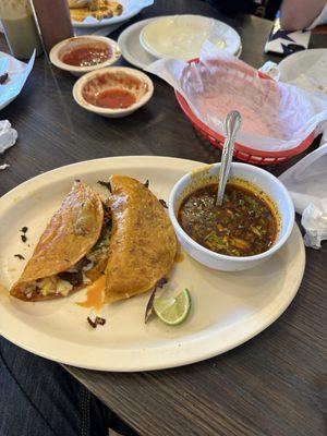 birria tacos and consome