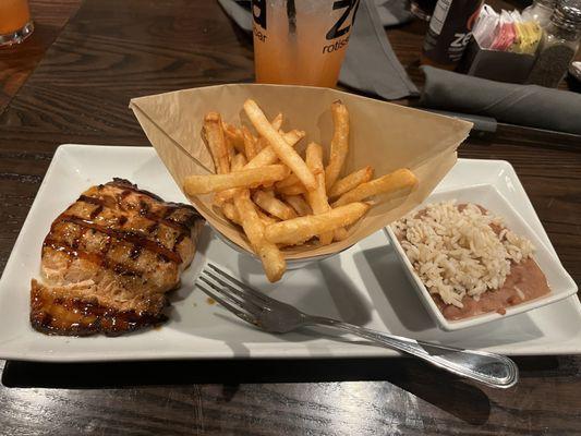 Balsamic Glazed Salmon with French Fries, and Red Beans & Rice.