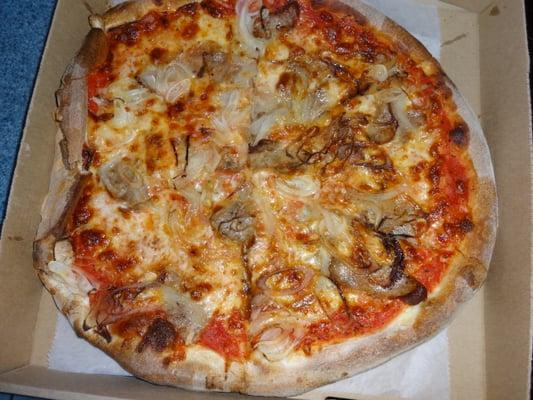 a small sausage & onion pizza at Gino's Pizza in Bristol, CT.