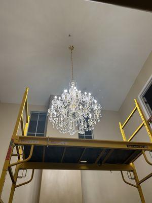 Chandelier with scaffolding needed for installation.