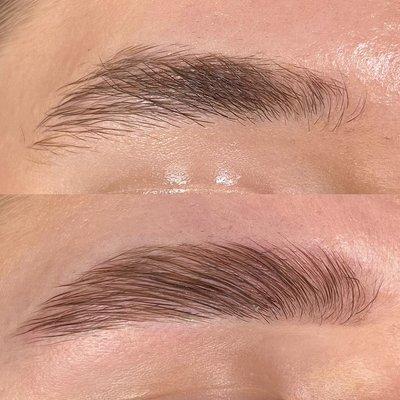 Brow lamination with tinting and shaping