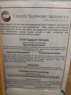 As you can see on their bulletin board they have grief support, domestic violence support and also food programs.