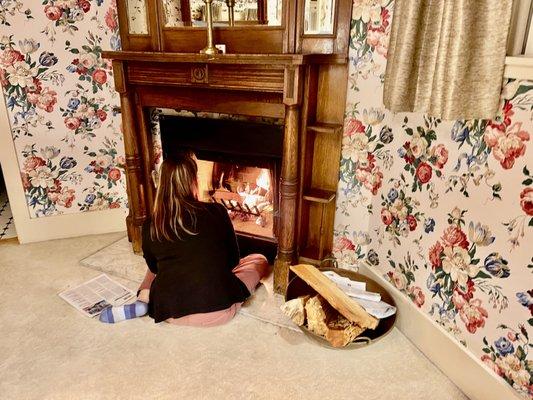 Wood burning fireplace.