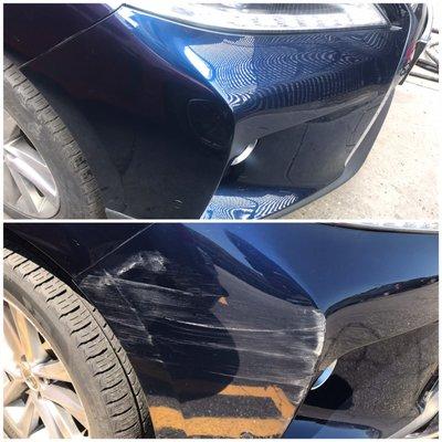 Before and after of my fixed bumper with a fresh coat of paint. Spectacular work!