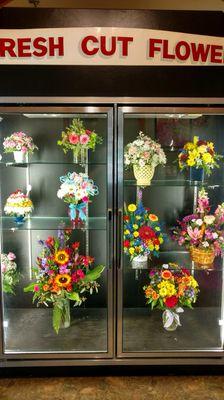 Our display cooler features unique and creative bouquets by the designers. Choose one of our bouquets to take with you or have delivered!!