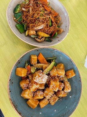 Sesame tofu and side of vegetable chow mien.