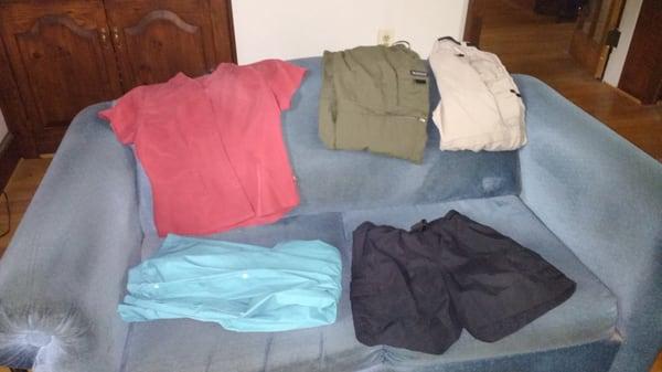 3 pairs of pants, 1 shirt, 1 pair of shorts.  Total:  $105--what a deal!