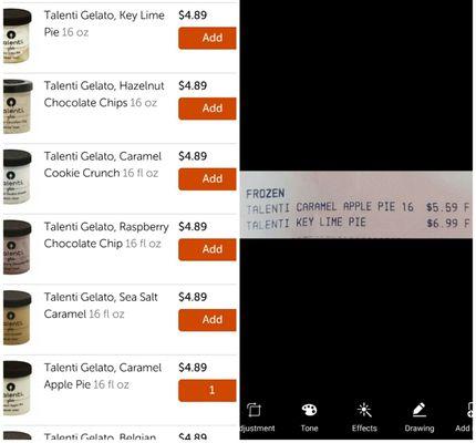 Now, what kinda bulldoodie is this? On the right are Fairway's Talenti prices. On the left are Trade Fair's Talenti wonky prices.