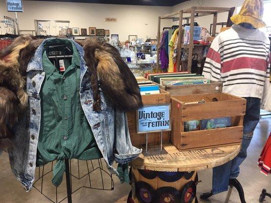 Vintage fashion including silk, denim, fur and much more plus vinyl records.