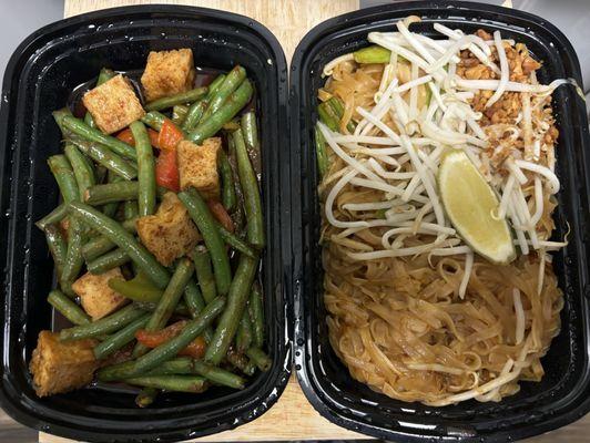 Green beans with tofu, and pad Thai with seafood, no egg.