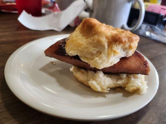 An amazing biscuit with fried bologna