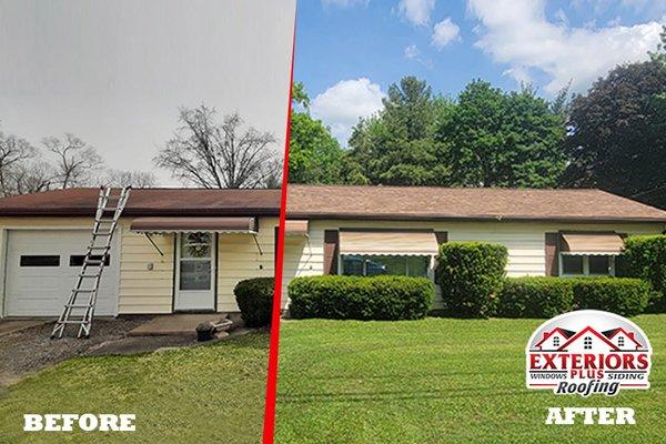 Before and After of a roof replacement and gutter makeover in Alliance, Ohio!