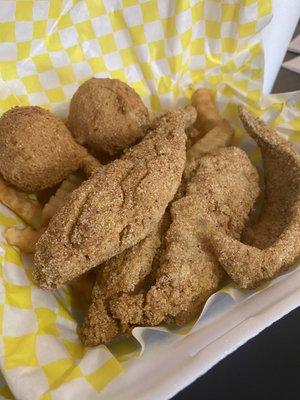 Whiting basket with hush puppies and fries