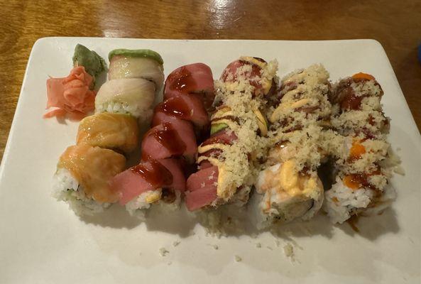 Rainbow, crazy, jubilee, red rose, and volcano roll