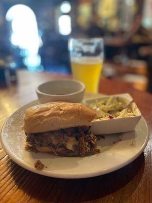 Great Hazy IPA, cole slaw and half prime rib Dirty Hooker Sandwich