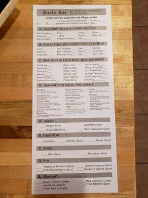 All you can eat menu as of 4/14/21