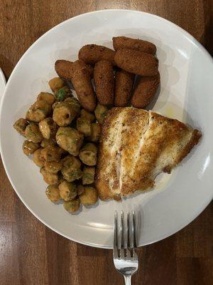 Grilled snapper, fried okra, hush puppies