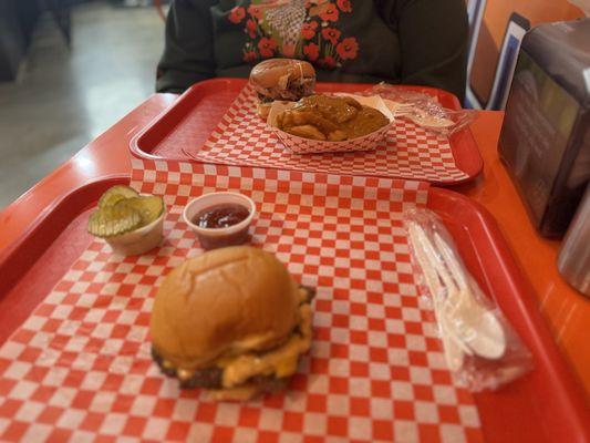 Chili cheese fries and a chicken sandwich