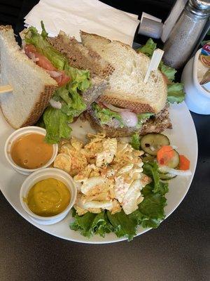 Meatloaf sandwich with Hawaiian Mac salad