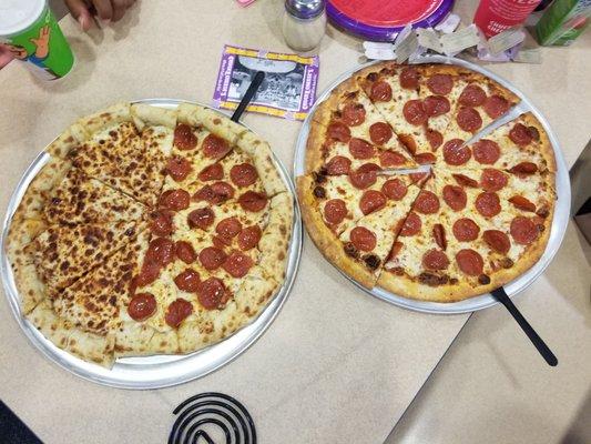 2 large pizzas. One with pepperoni. One cheese/half pepperoni with stuffed crust. Delicious!