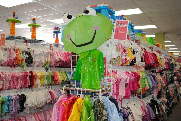 frog umbrella with raincoat display