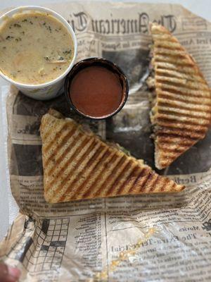 Impossible Chopped Cheese (VO), brocolli Broccoli Cheddar Soup and Cup of Tomato Basil Soup (V) as dipping sauce