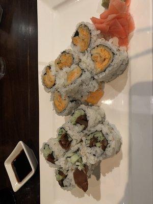 Sweet potato tempura roll and cucumber/mushroom roll