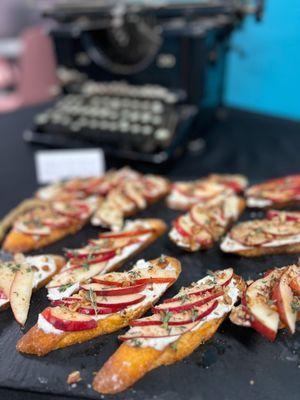 Pear and gorgonzola toasts for off-site catering.