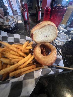 Rodeo Cow Burger- check out the size of the onion ring.