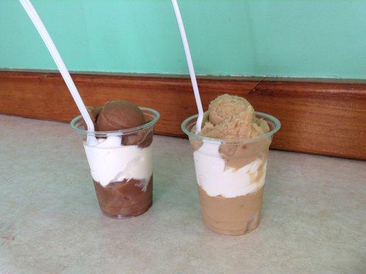 Gelati... Our choices were choc. Italian ice with van. soft serve and a peanut butter Italian ice with van. soft serve.