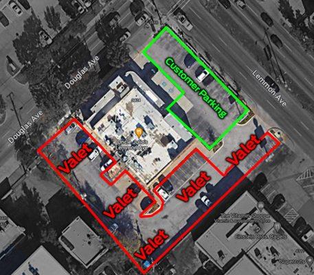 Green are are the few spots open for parking! Red area is the VALET ONLY portion. This is rude and hasn't changed in YEARS.