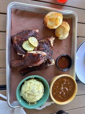 Chicken plate with  potato salad, baked beans and cheese biscuits