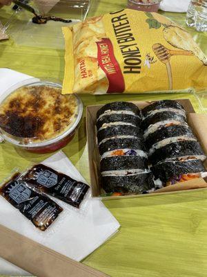 Kimbap, rice pudding, and honey butter chips.