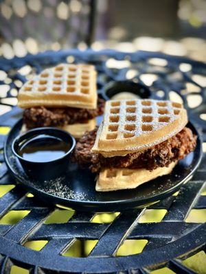 crispy fried chicken, buttermilk waffle,  sprinkle of powdered sugar, side of maple syrup