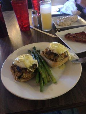 Crab cakes eggs Benedict with sautéed asparagus