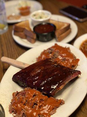 Ribs, chopped pork & beef  BBQ beans, slaw and toast  The Special