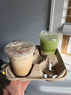 Oreo latte + vanilla matcha latte