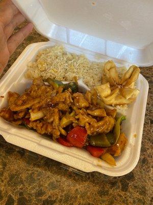 Lunch portion of Garlic Chicken, Fried Rice and Crab Puff (Rangoon)