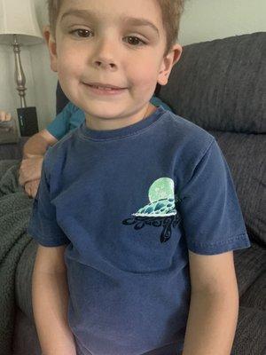 My cute grandson wearing his blueberry dyed t-shirt.