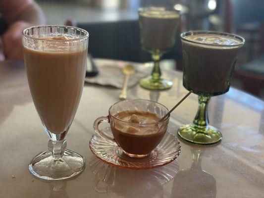 Cold brew float, affogato and espresso shake with chocolate ice cream