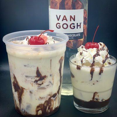 Banana Split - Van Gogh Chocolate vodka, Banana rum cream, vanilla ice cream, blended and served over ice in a quart container.